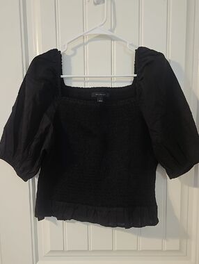 Ann Taylpr Black Smocked Square-Neck Puff Sleeve Top